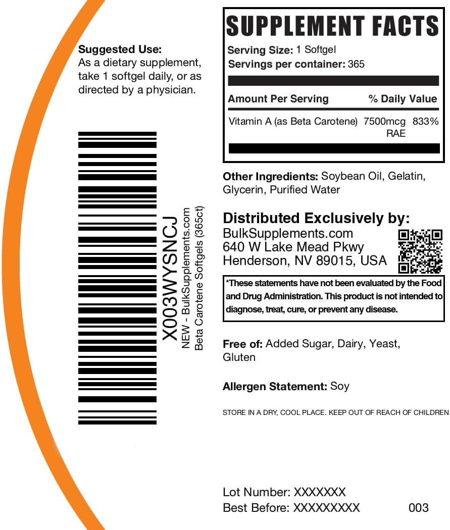 BulkSupplements.com Beta Carotene Softgels - Vitamin A Eye Support Supplement - Gluten Free, 365 Count - 25000 IU, 1 Softgel/Serving