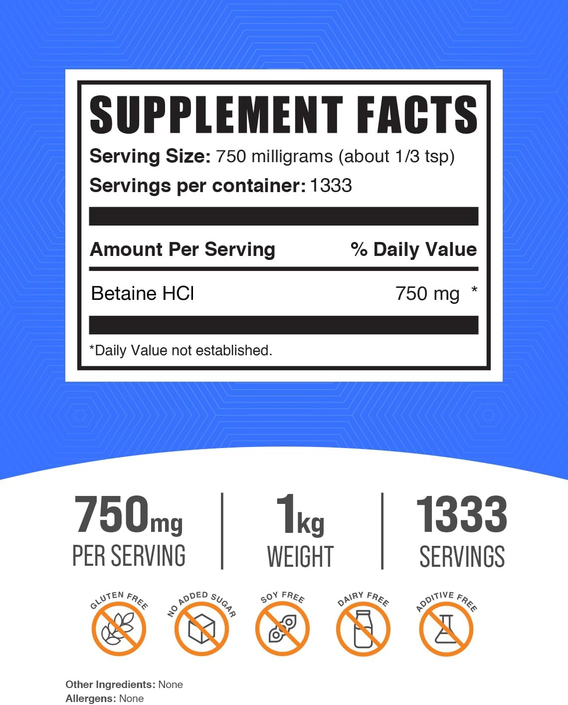 BulkSupplements.com Betaine HCl Powder - 750mg per Serving, Gluten Free Betaine Hydrochloride Supplement - 1kg (2.2 lbs) Pack