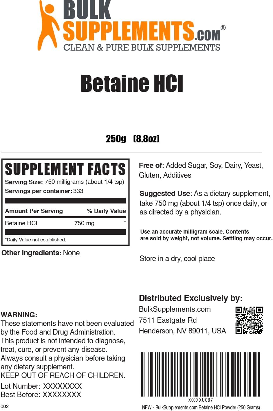 BulkSupplements.com Betaine HCl Powder - Gluten Free Betaine Hydrochloride Supplement, 750mg per Serving, 250g (8.8 oz) Pack