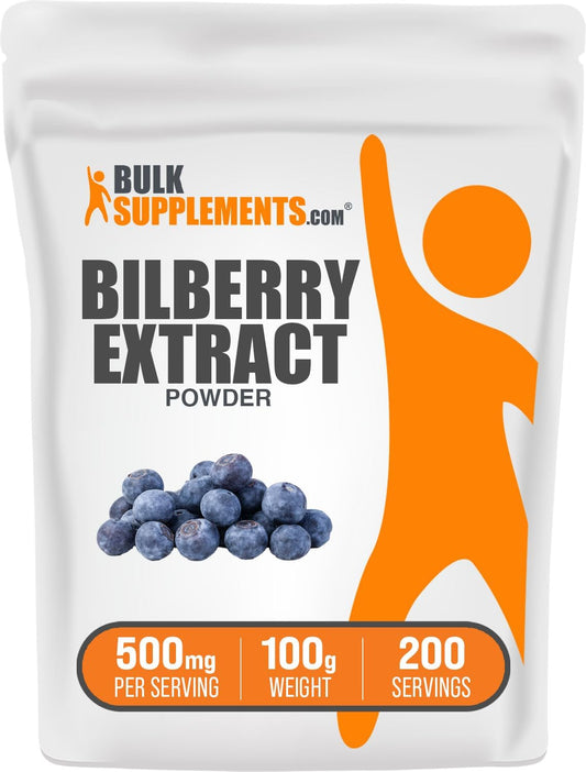 BulkSupplements.com Bilberry Extract Powder - 500mg per Serving, 100g (3.5 oz) - Eye Health Supplement with Bilberry Fruit Extract - Gluten Free - Single Pack
