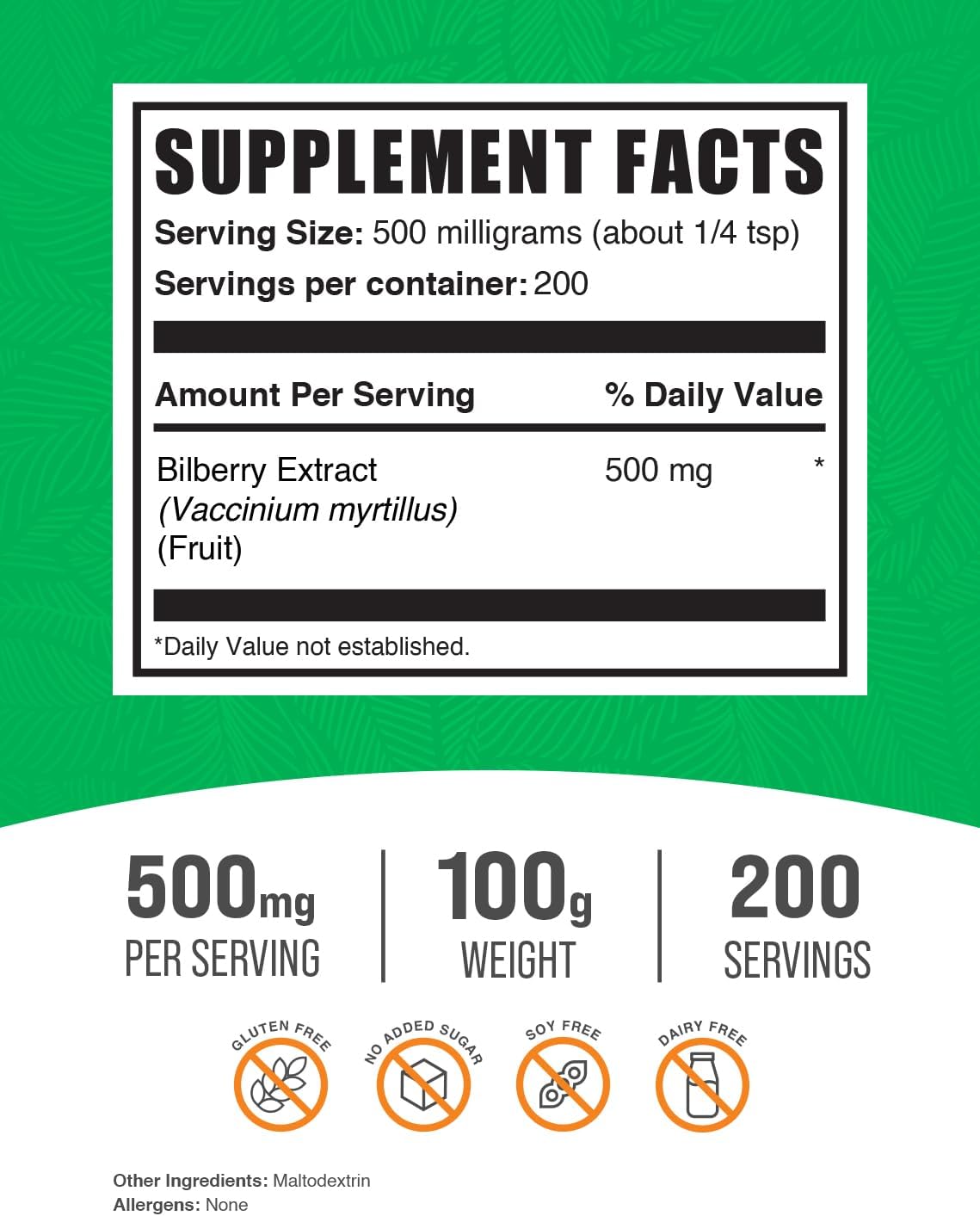 BulkSupplements.com Bilberry Extract Powder - 500mg per Serving, 100g (3.5 oz) - Eye Health Supplement with Bilberry Fruit Extract - Gluten Free - Single Pack