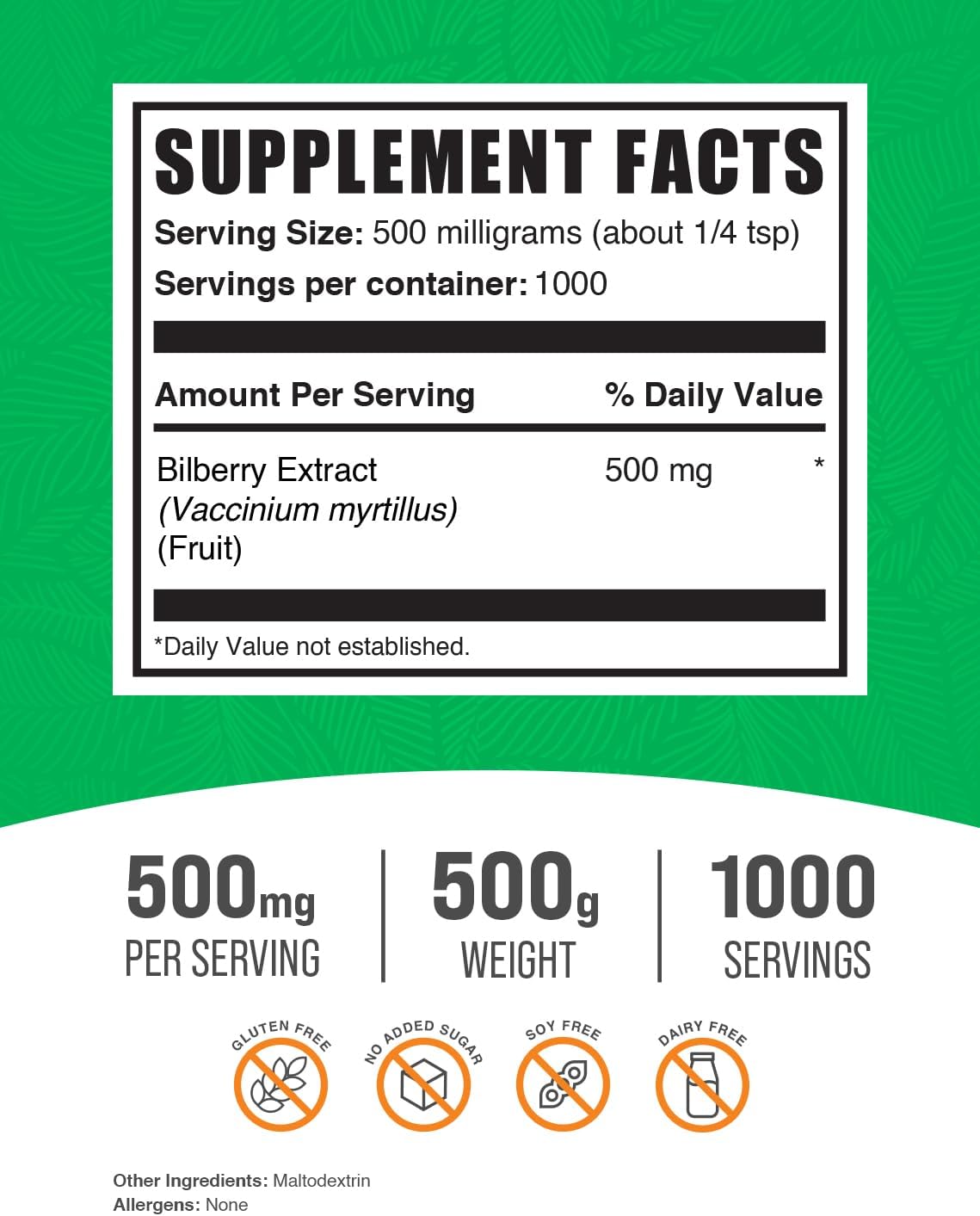 BulkSupplements.com Bilberry Extract Powder - 500mg per Serving, 500g (1.1 lbs) - Gluten Free Bilberry Fruit Supplement for Eye Health