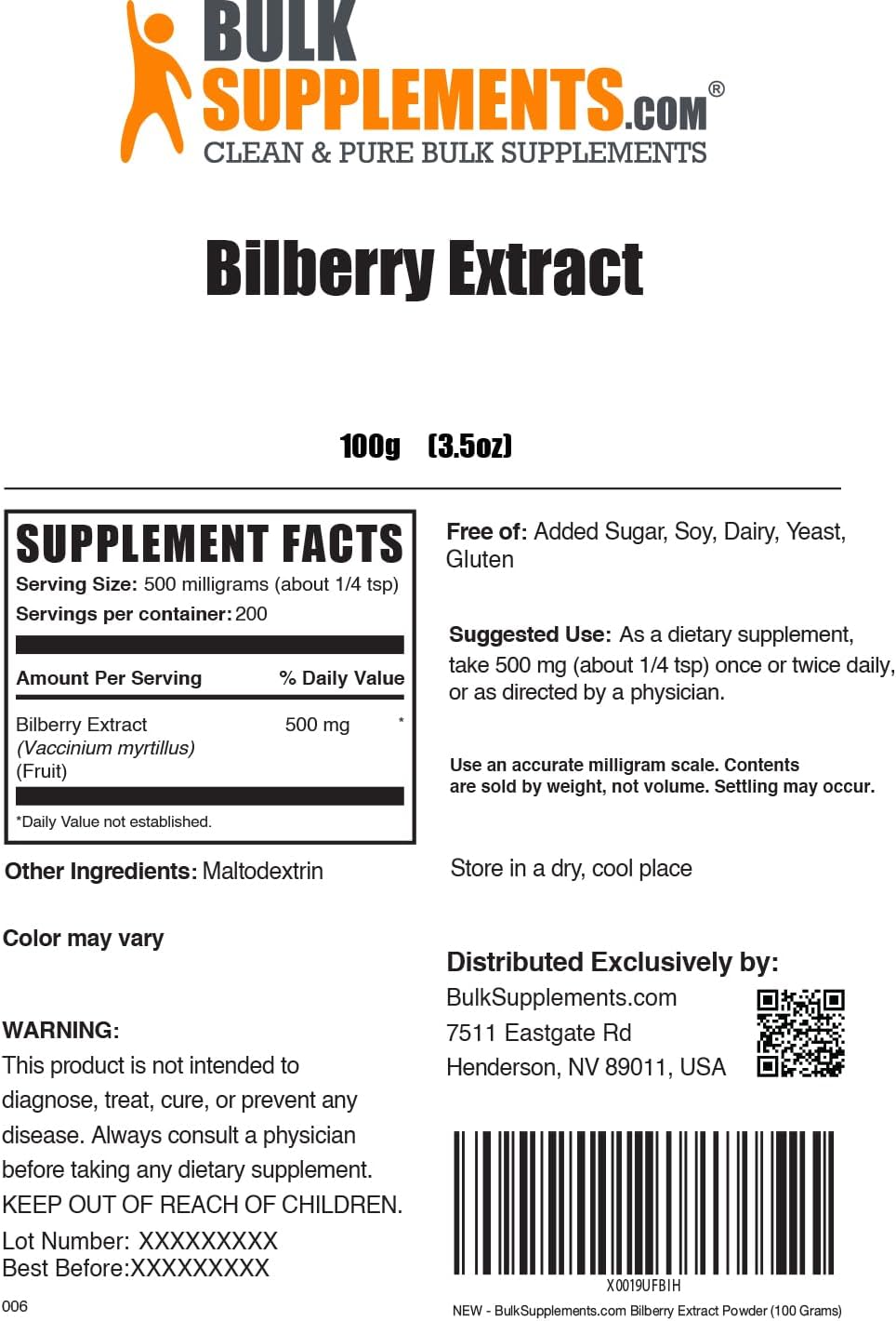 BulkSupplements.com Bilberry Extract Powder - 500mg per Serving, 100g (3.5 oz) - Eye Health Supplement with Bilberry Fruit Extract - Gluten Free - Single Pack