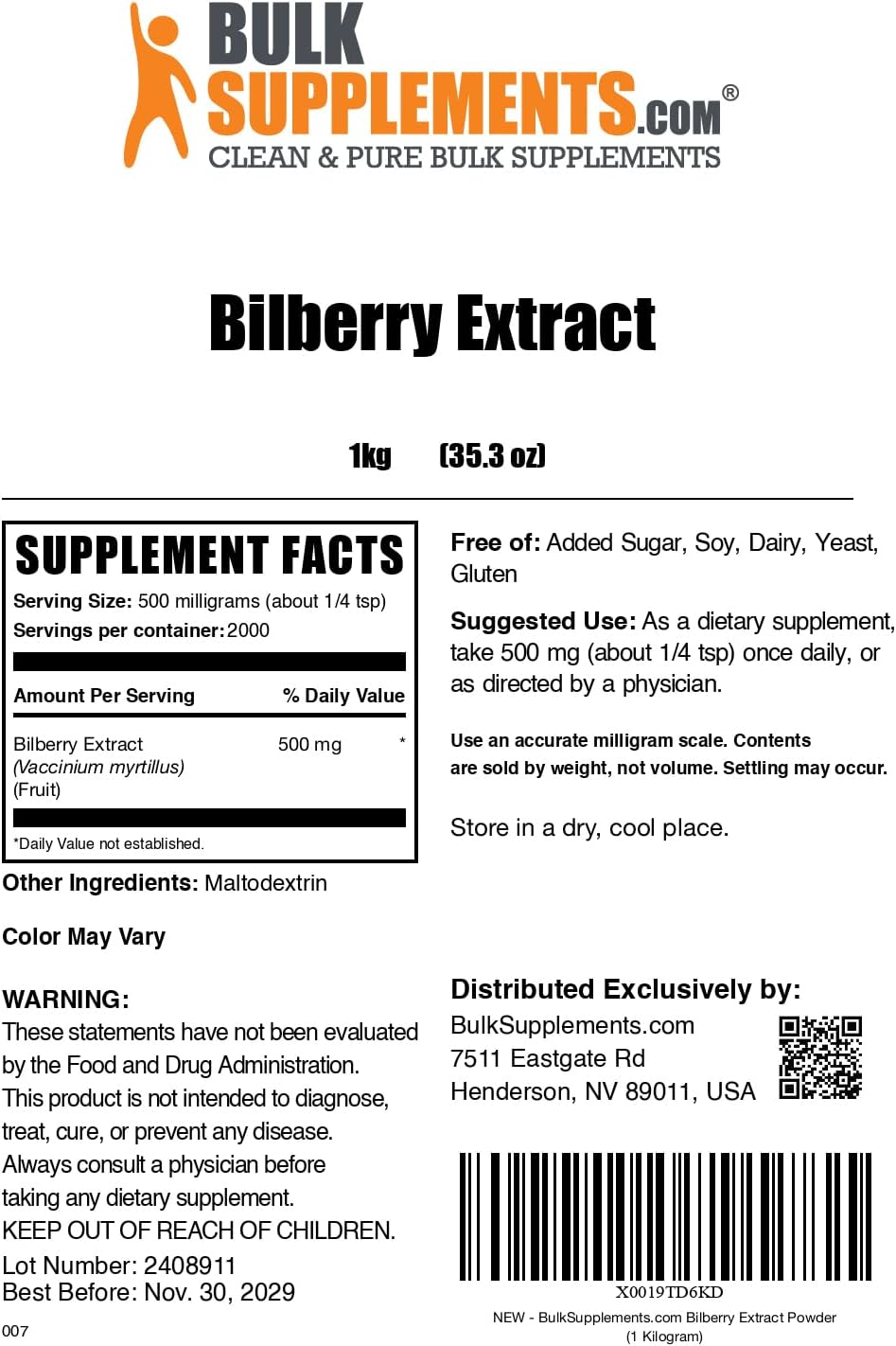 BulkSupplements.com Bilberry Fruit Extract Powder - Eye Health Supplement, Gluten-Free, 500mg per Serving, 1kg (2.2 lbs)