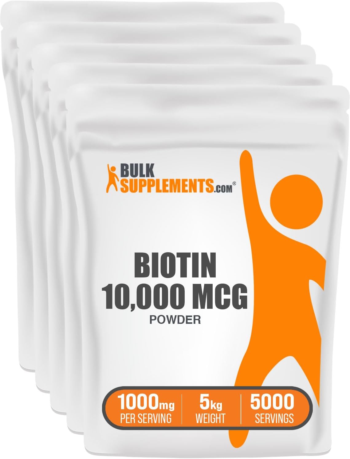 BulkSupplements.com Biotin Powder 10000mcg - Hair, Skin, Nails Vitamins - Vitamin B7 Supplement, Gluten Free, 5kg (Pack of 5)