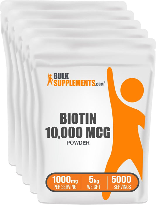 BulkSupplements.com Biotin Powder 10000mcg - Hair, Skin, Nails Vitamins - Vitamin B7 Supplement, Gluten Free, 5kg (Pack of 5)