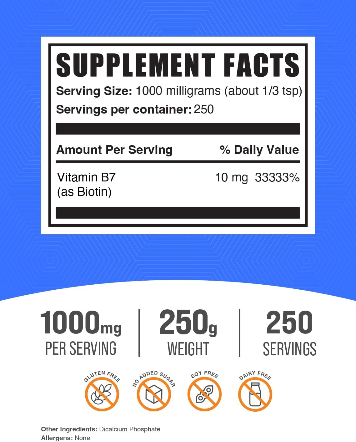 BulkSupplements.com Biotin Powder 10000mcg - Hair, Skin, Nails Vitamin B7 - Gluten Free, 250g (8.8 oz)