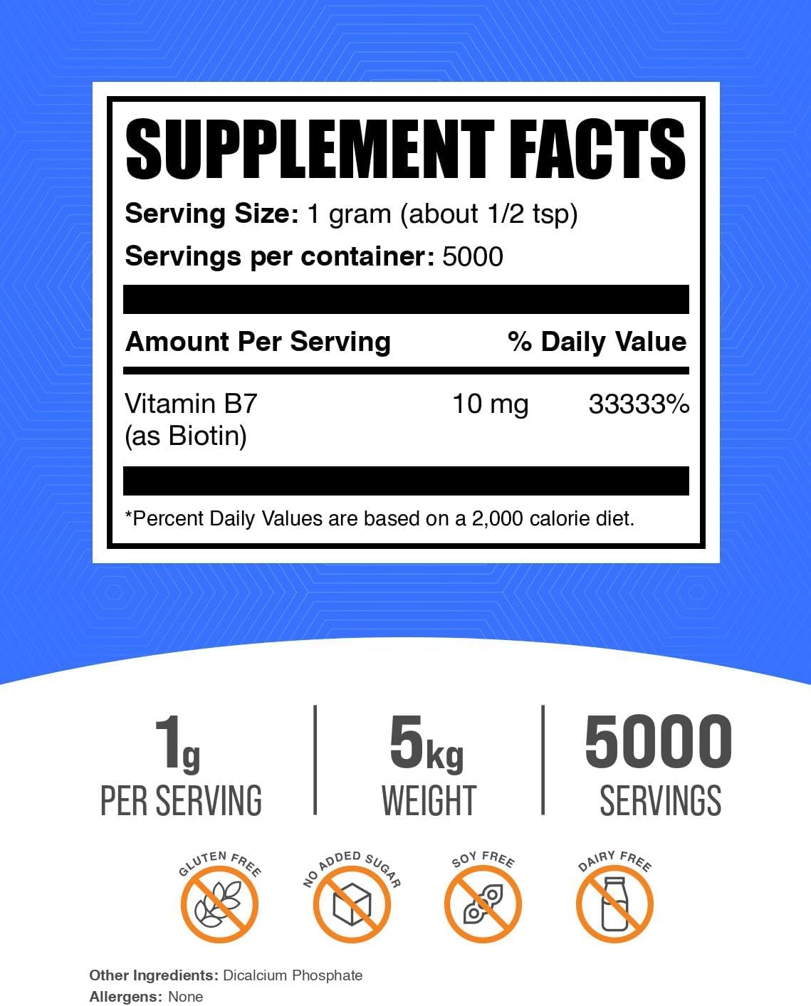 BulkSupplements.com Biotin Powder 10000mcg - Hair, Skin, Nails Vitamins - Vitamin B7 Supplement, Gluten Free, 5kg (Pack of 5)