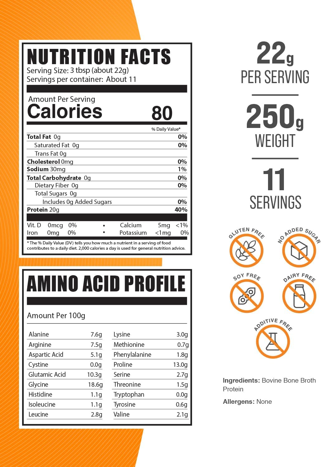 BulkSupplements.com Bovine Bone Broth Protein Powder - 22g per Serving, 250g - Lactose, Dairy, and Gluten Free