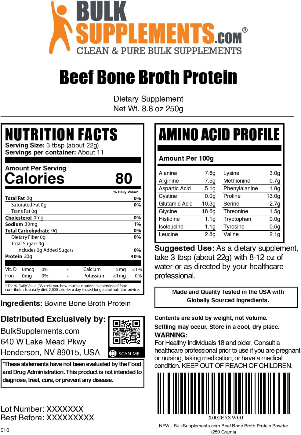BulkSupplements.com Bovine Bone Broth Protein Powder - 22g per Serving, 250g - Lactose, Dairy, and Gluten Free