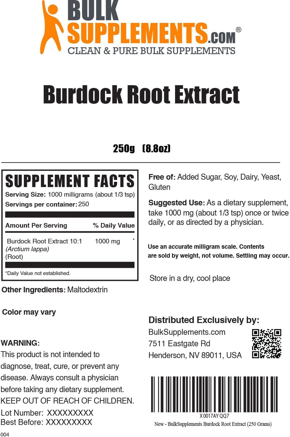 BulkSupplements.com Burdock Root Extract Powder - Herbal Supplement, Gluten Free, 1000mg per Serving, 250g - Pack of 1