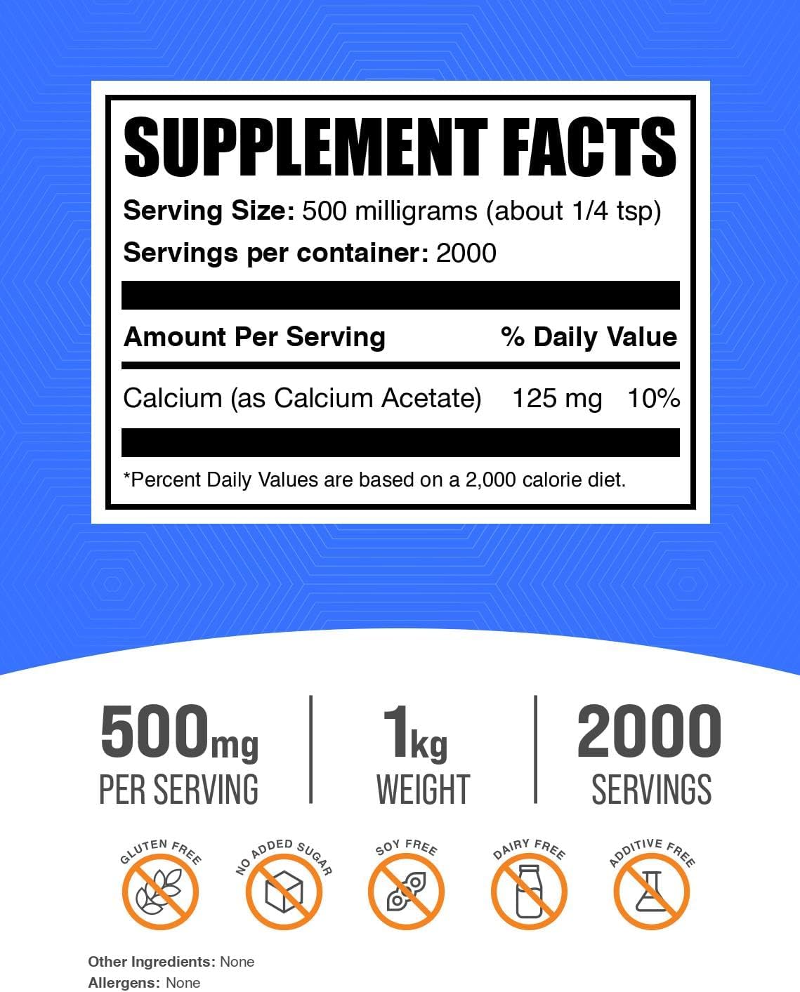 BulkSupplements.com Calcium Acetate Powder - Food Grade Calcium Supplement, Gluten Free, 1kg (2.2 lbs)