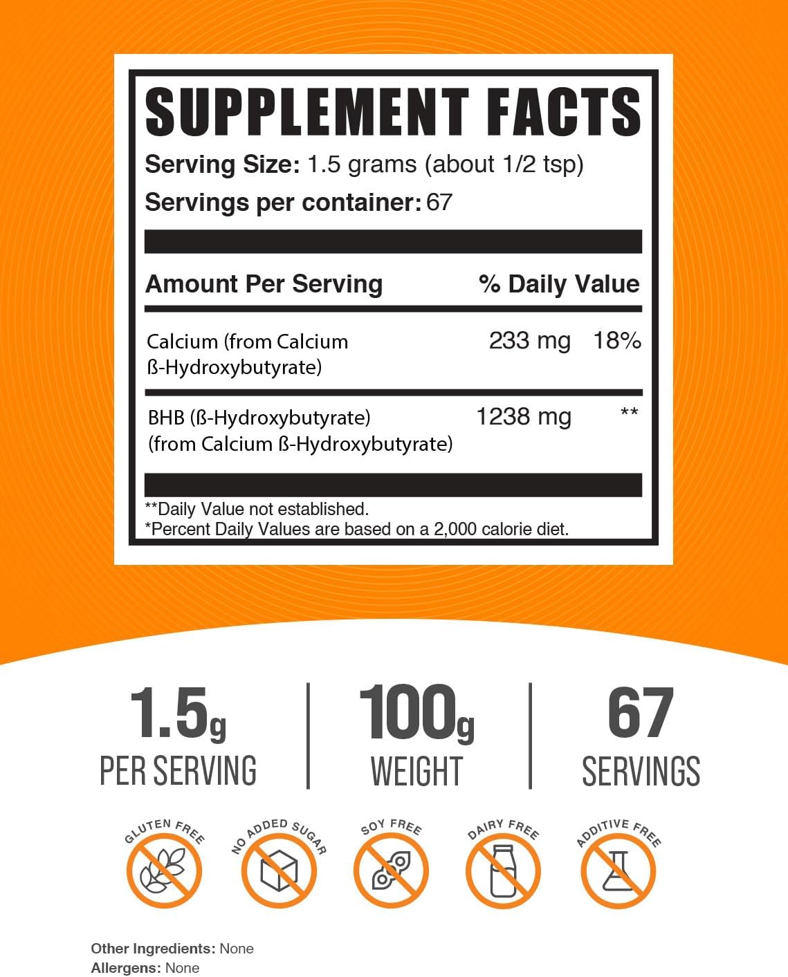 BulkSupplements.com Calcium BHB Powder - BHB Salts Electrolyte Supplement - 1500mg Unflavored Powder - 100g (3.5 oz) (1 Pack)
