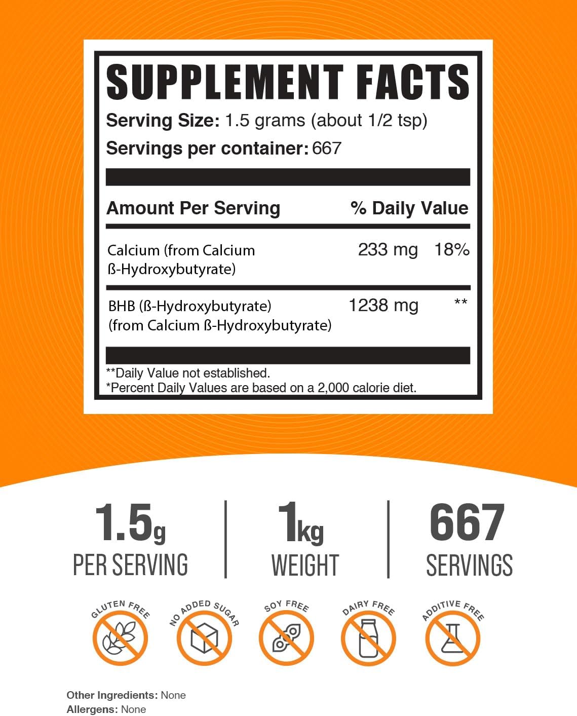BulkSupplements.com Calcium BHB Powder - Electrolyte Supplement, Unflavored - 1500mg per Serving - 1kg (2.2 lbs) Pack of 1