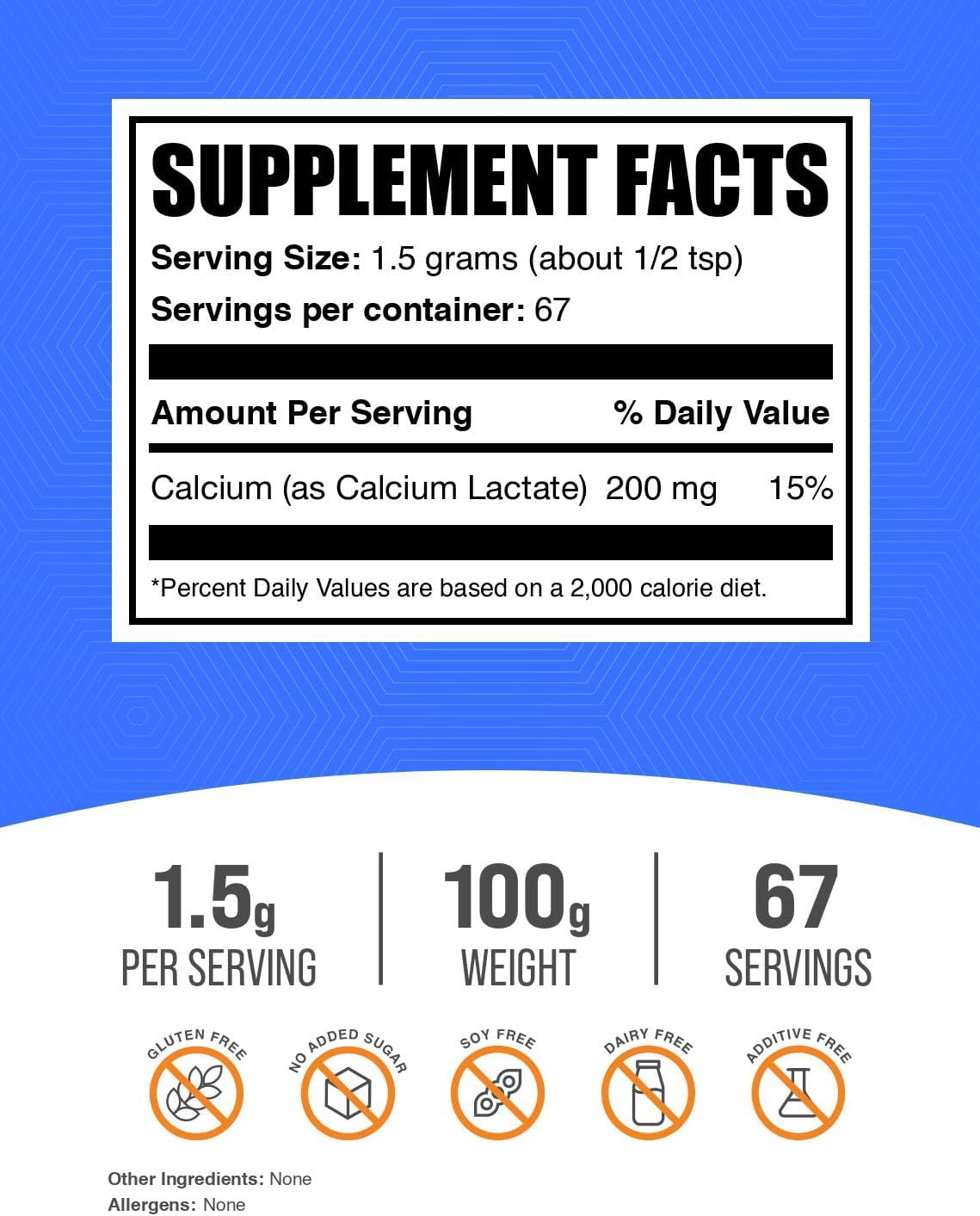 BulkSupplements.com Calcium Lactate Powder - High Quality Calcium Supplement, Food Grade Calcium Lactate - 1500mg per Serving, 100g (3.5 oz) Pack