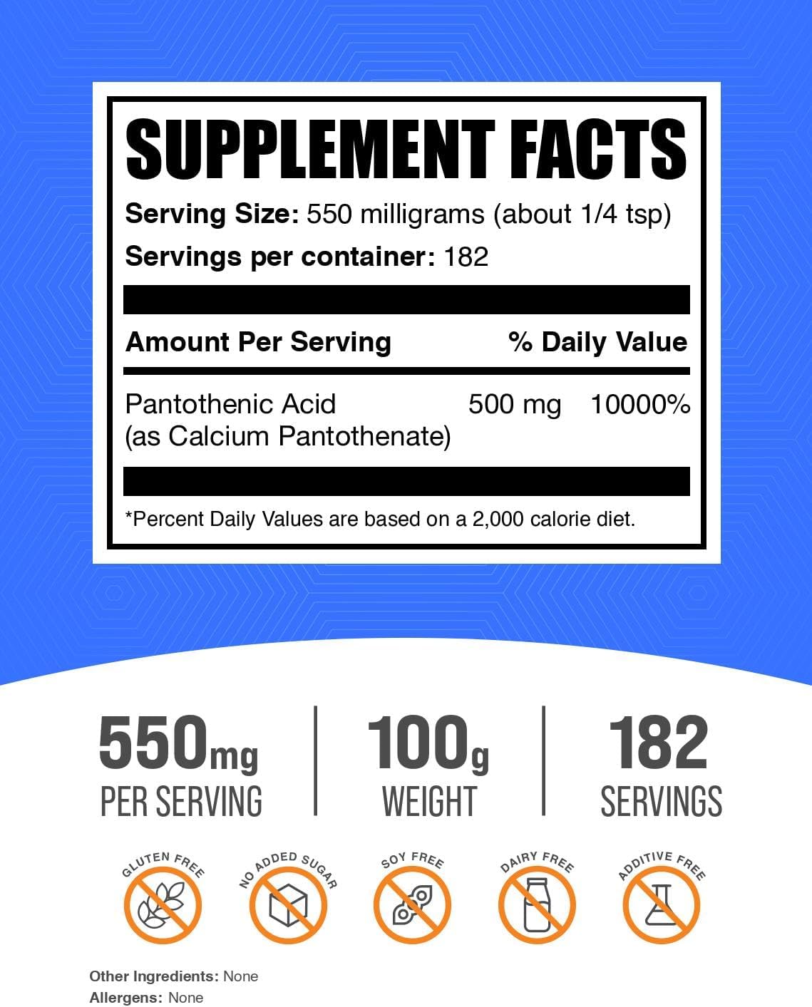 BulkSupplements.com Calcium Pantothenate Powder - 500mg B5 Vitamins - Gluten Free, 100g (3.5 oz) (1 Pack)