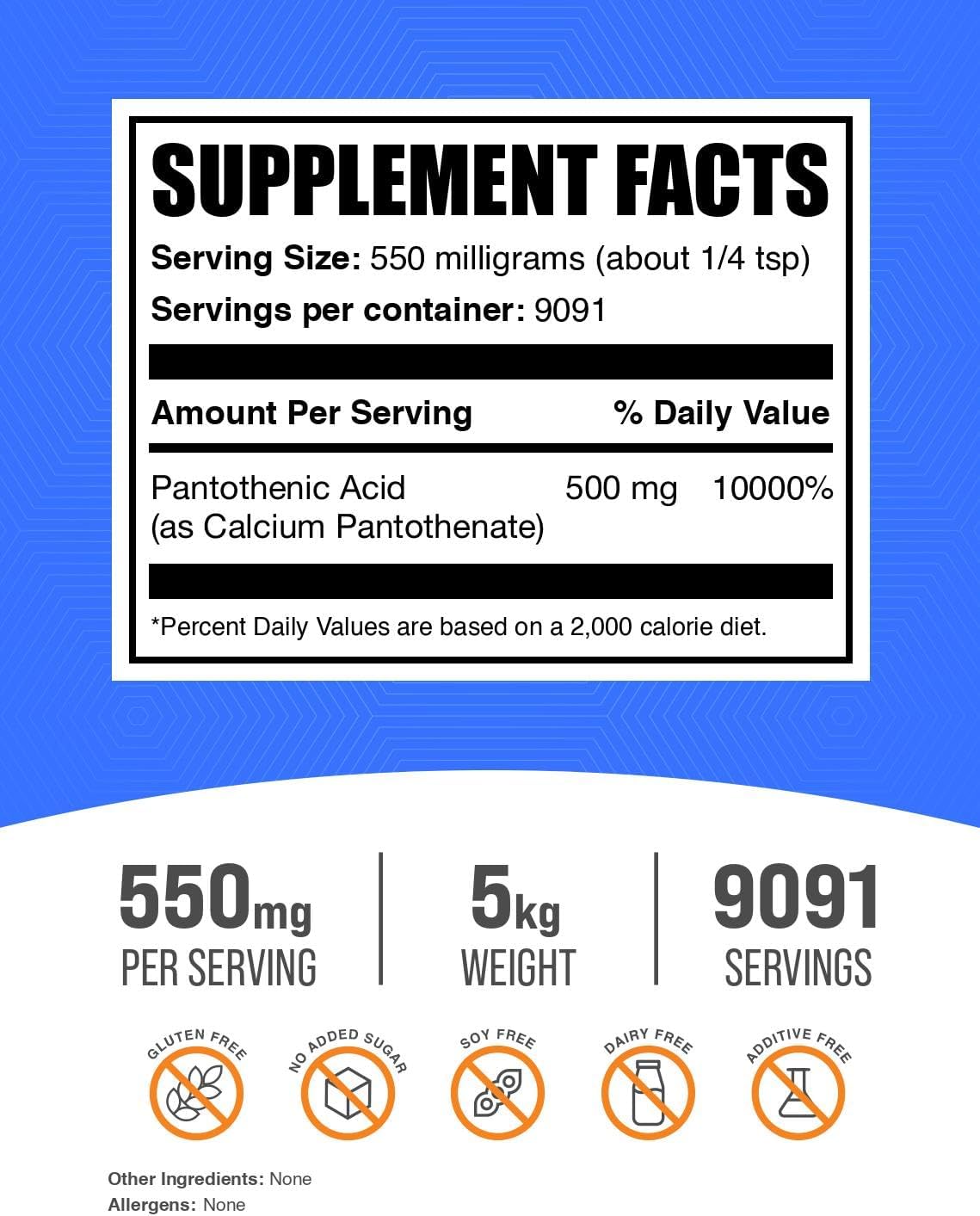BulkSupplements.com Calcium Pantothenate Powder - B5 Vitamins, Gluten Free, 500mg Pantothenic Acid per Serving, 5kg (11 lbs) (Pack of 5)