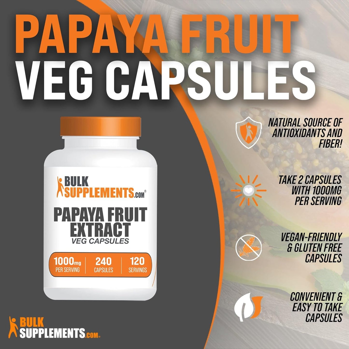 BulkSupplements.com Carica Papaya Fruit Extract Capsules - 1000mg Papaya Supplements, Gluten Free, 240 Veg Capsules