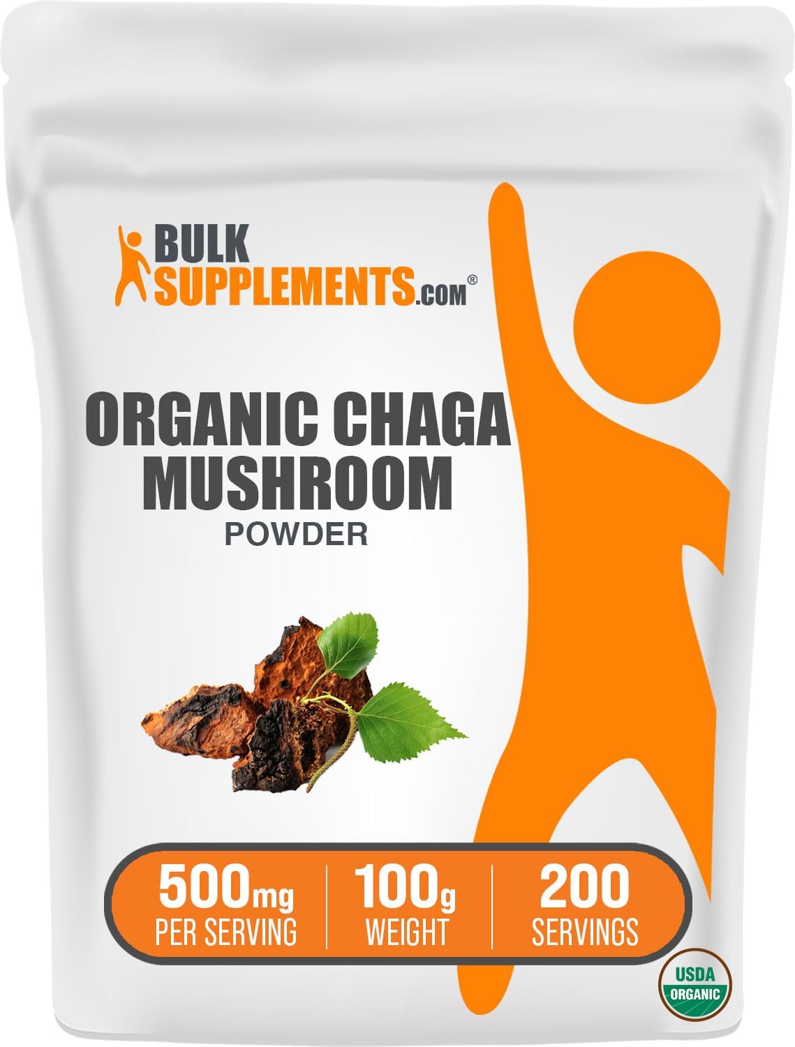 BulkSupplements.com Chaga Mushroom Powder - Organic Mushroom Supplement, Vegan & Gluten Free, 500mg per Serving - 100g (3.5 oz) Pack of 1