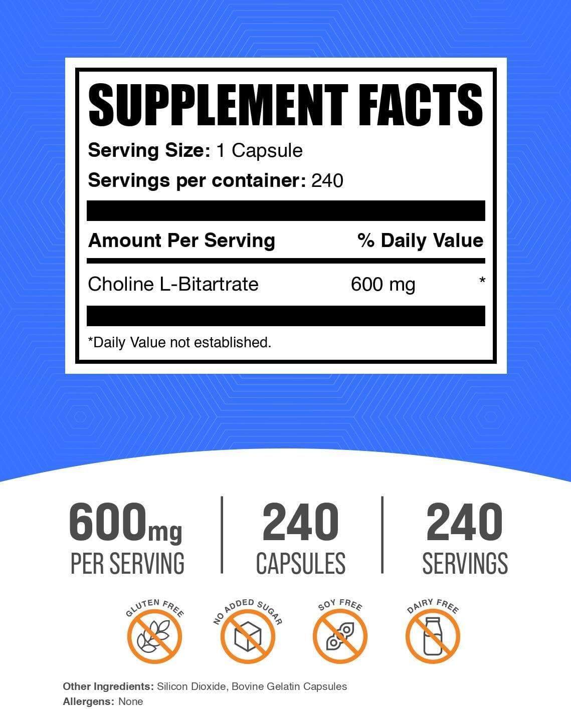 BulkSupplements.com Choline L-Bitartrate Capsules - 600mg Choline Supplement - 240 Capsules, 2 Capsules per Serving