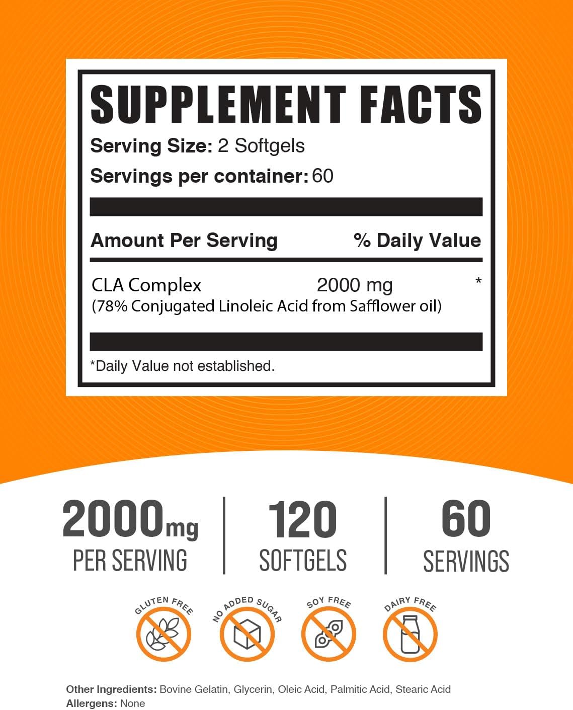 BulkSupplements.com CLA Softgels 2000mg - Conjugated Linoleic Acid Supplements - Gluten Free - 120 Softgels - 60-Day Supply
