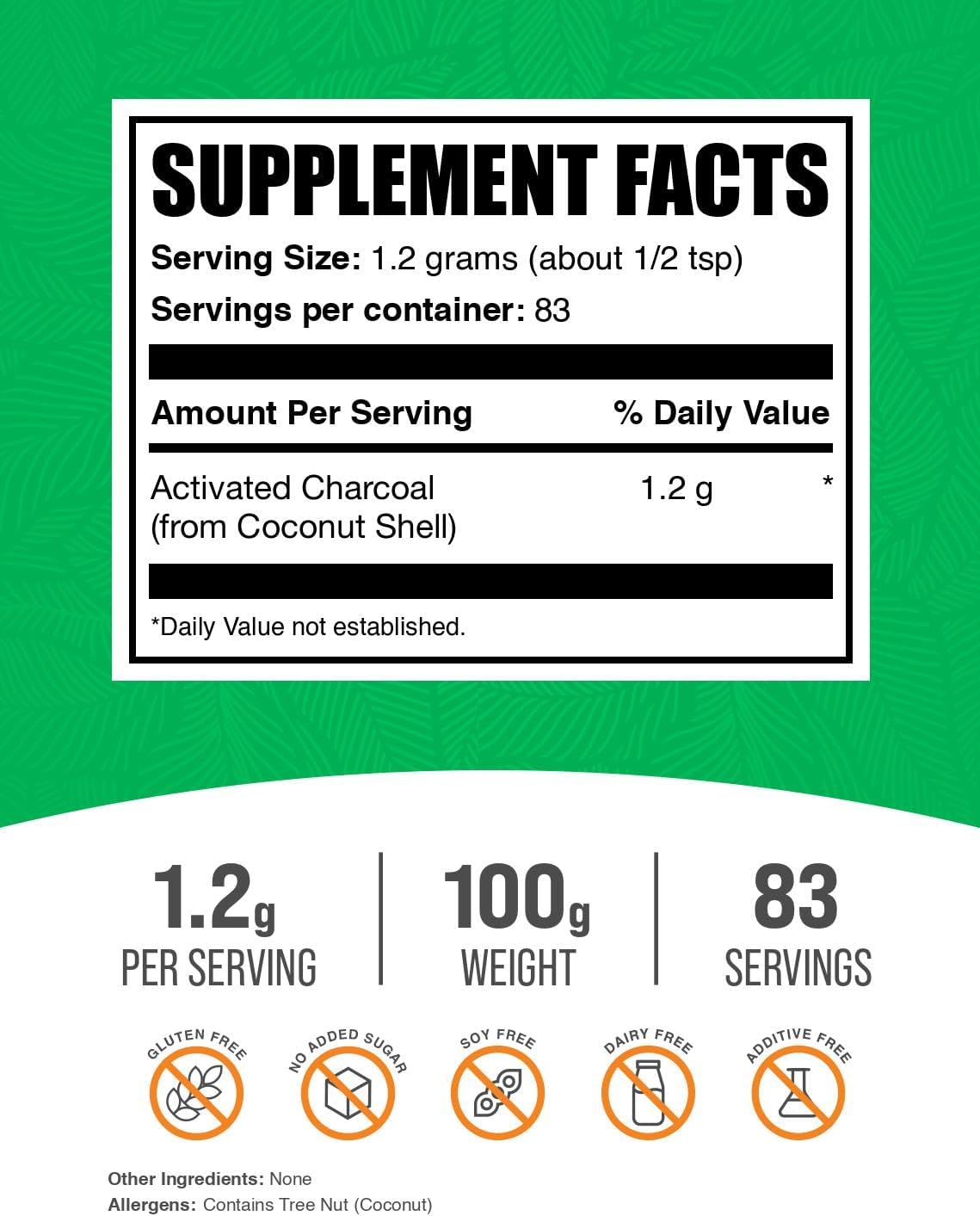 BulkSupplements.com Coconut Charcoal Powder - Teeth Whitening & Odor Absorber - Vegan & Gluten Free - 1200mg per Serving - 100g