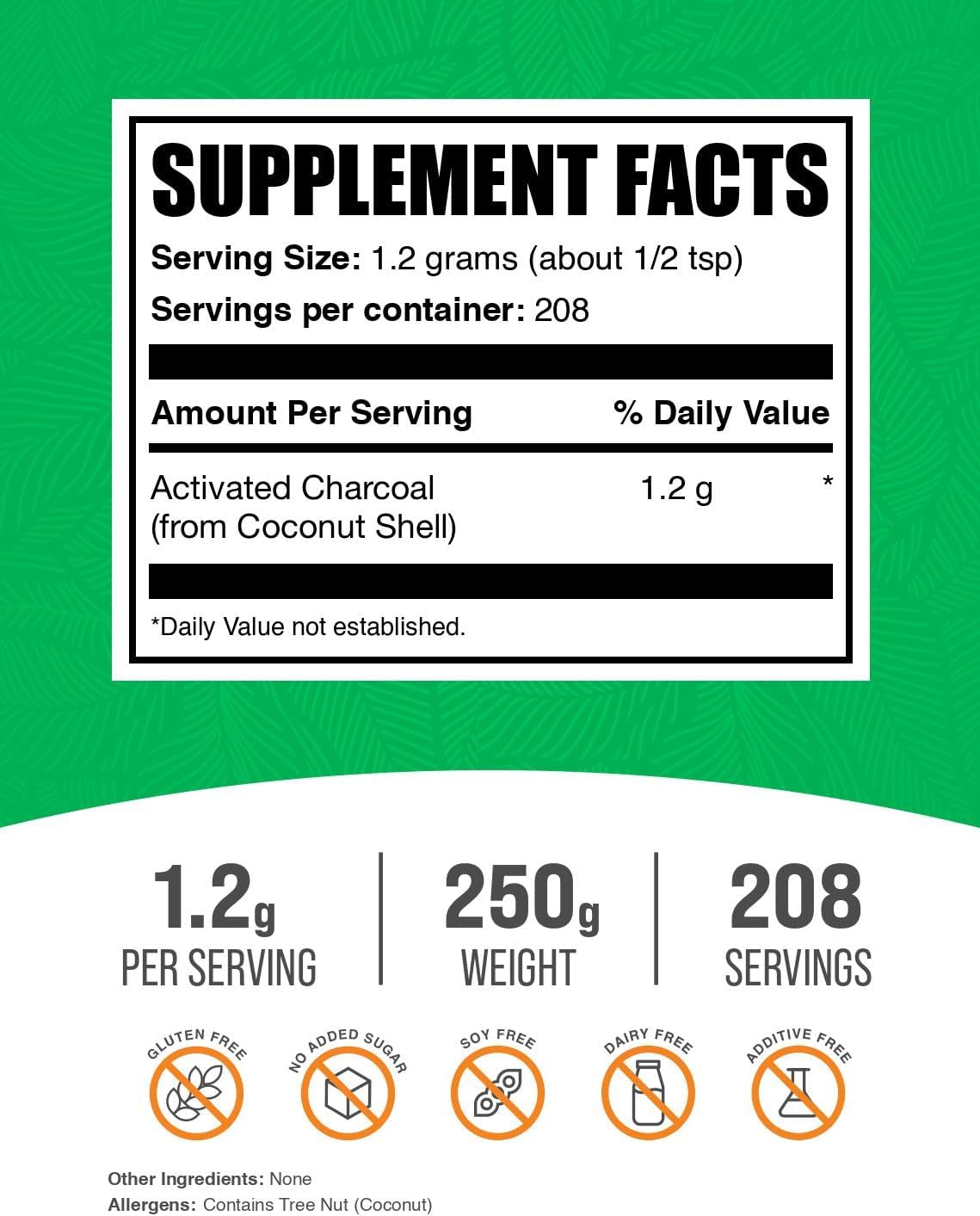 BulkSupplements.com Coconut Charcoal Powder for Teeth Whitening - Vegan & Gluten Free - 1200mg per Serving - 250g (8.8 oz)