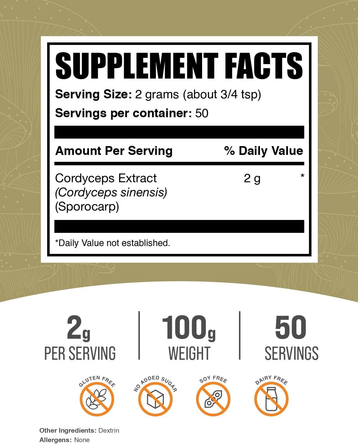 BulkSupplements.com Cordyceps Mushroom Extract Powder - 2000mg per Serving, 100g (3.5 oz) - Gluten Free - Pack of 1