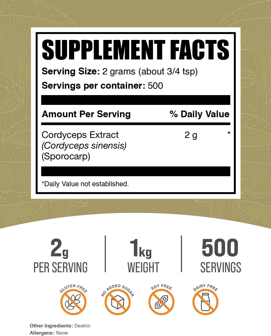 BulkSupplements.com Cordyceps Mushroom Extract Powder - 2000mg per Serving, 1kg (2.2 lbs) - Gluten Free Cordyceps Sinensis Powder Extract - Pack of 1