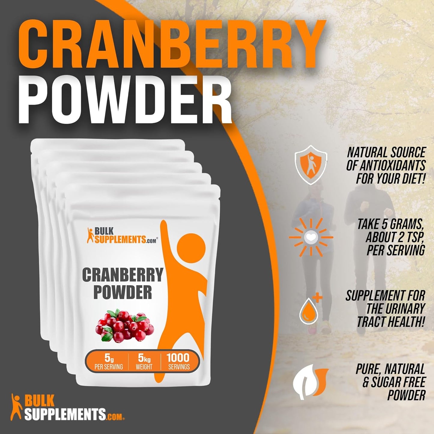BulkSupplements.com Cranberry Powder - Unsweetened Dried Cranberry Supplements for Urinary Tract Health - Gluten Free, Sugar Free - 5g per Serving, 5kg