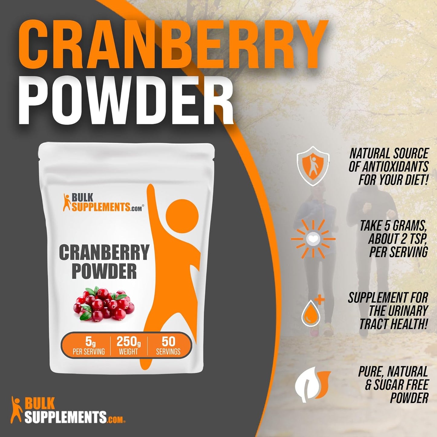 BulkSupplements.com Cranberry Powder - Unsweetened Dried Cranberry Supplements, Gluten & Sugar Free - 5g per Serving, 250g (8.8 oz) - Women & Men's Health Support