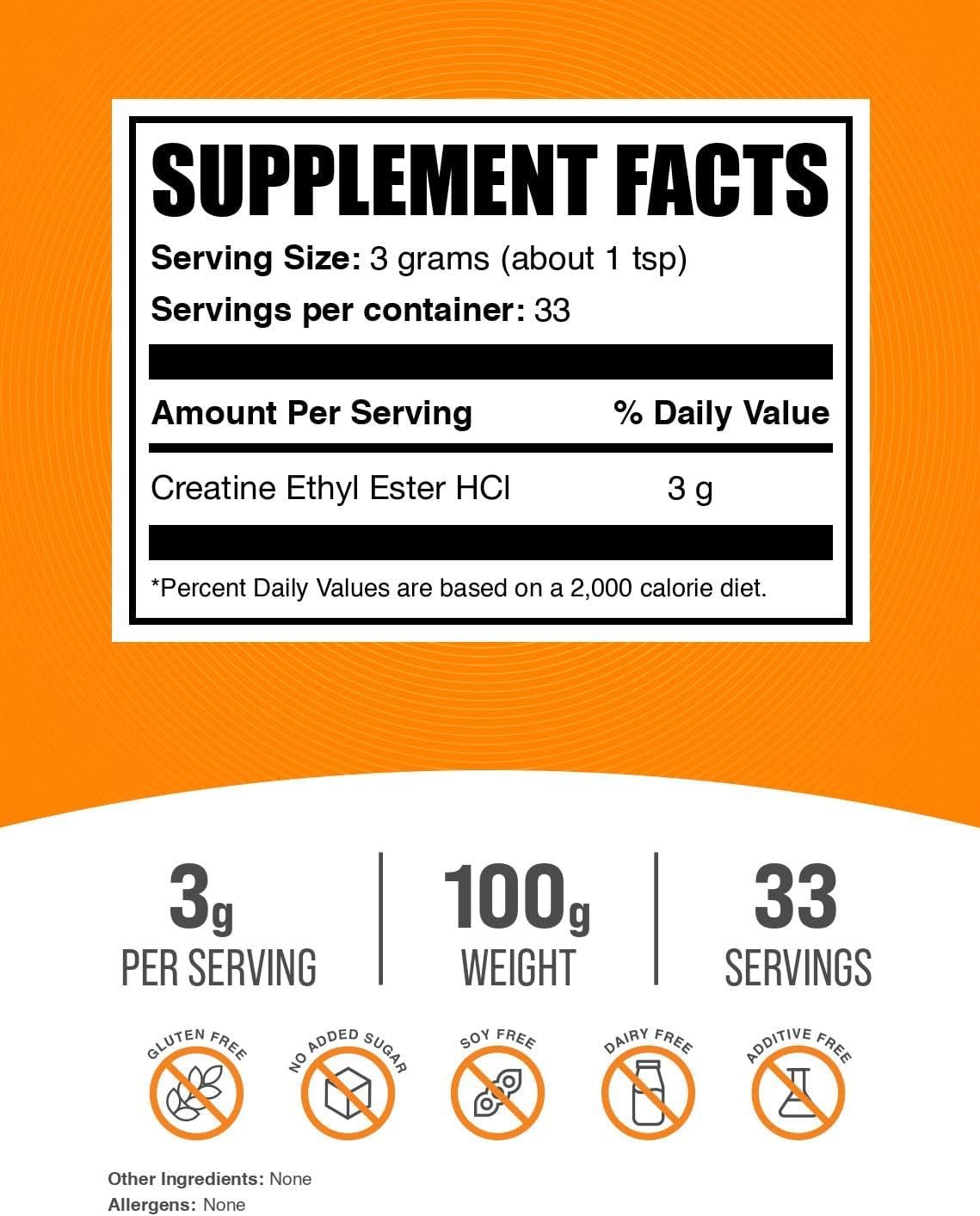 BulkSupplements.com Creatine Ethyl Ester HCl Powder - Unflavored Creatine Supplement, Gluten Free, 3g per Serving, 100g (3.5 oz)