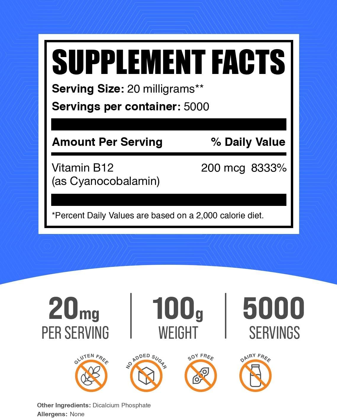 BulkSupplements.com Cyanocobalamin Vitamin B12 Powder - 200 mcg, Essential B Vitamin, Gluten Free, 20mg/Serving, 100g (3.5 oz) - 1 Pack - BoostGo Australia