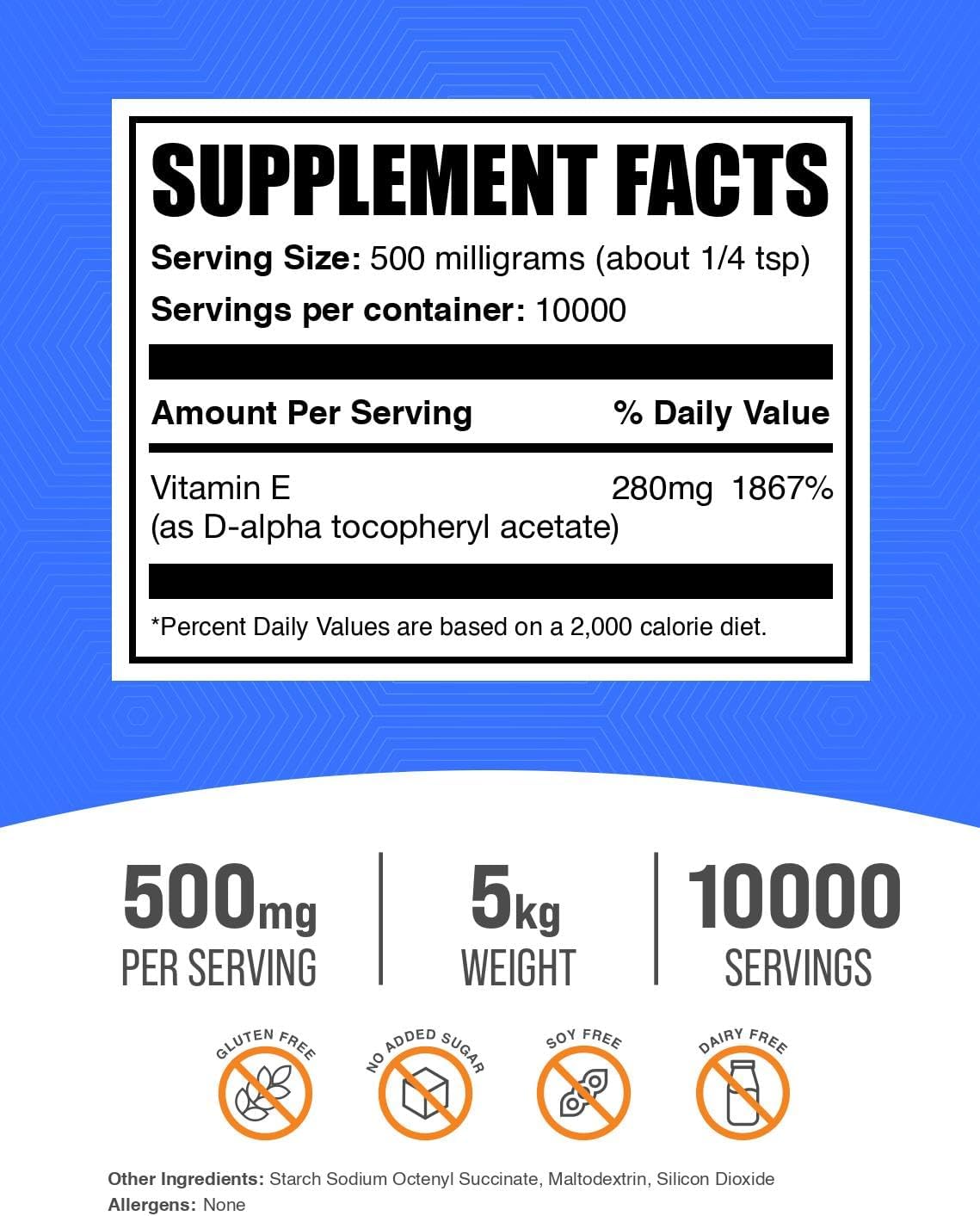 BulkSupplements.com D-Alpha Tocopherol Vitamin E Powder 400 IU - Gluten Free, 500mg per Serving, 5kg (11 lbs), Pack of 5