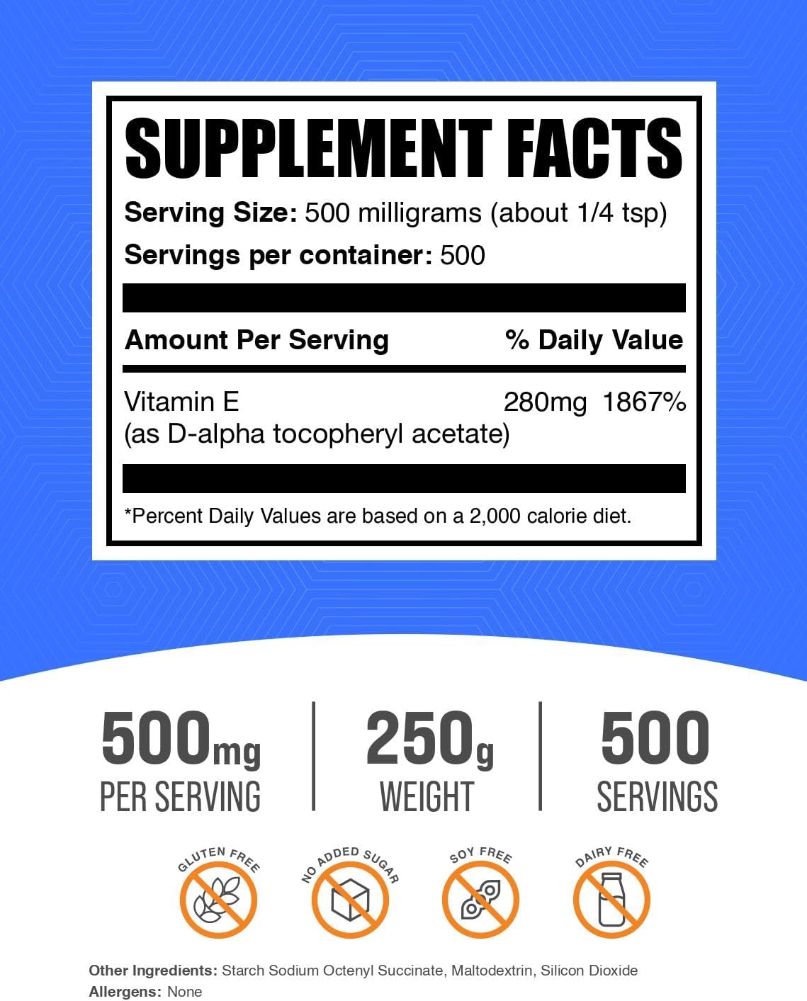 BulkSupplements.com D-Alpha Tocopherol Vitamin E Powder - 500mg per Serving, Gluten Free, 250g (8.8 oz) - Vitamin E Supplements
