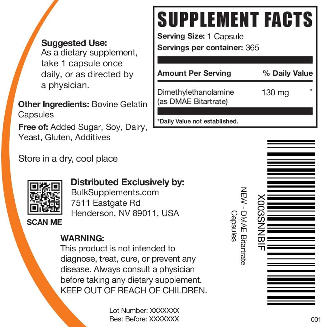 BulkSupplements.com DMAE Bitartrate Capsules - 350mg for Brain Health & Focus - Gluten Free - 365 Capsules