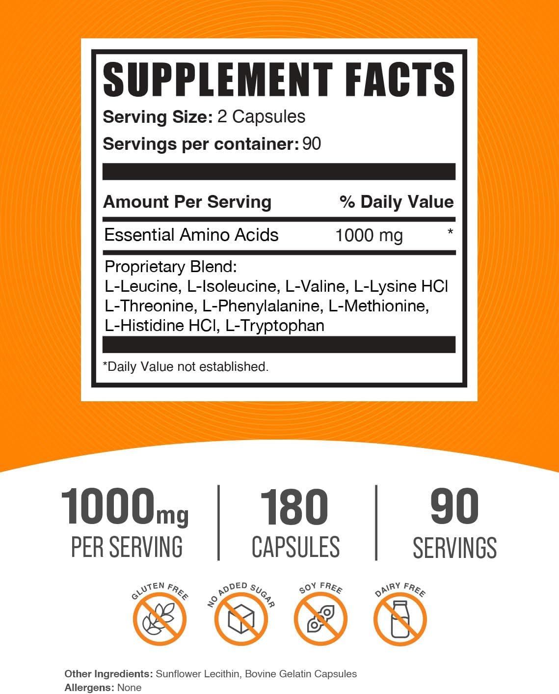 BulkSupplements.com EAA Capsules - 1000mg Essential Amino Acids Supplements, Gluten Free - 180 Capsules