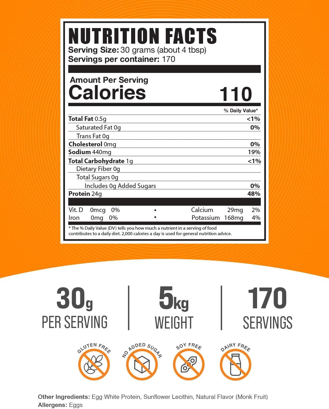 BulkSupplements.com Egg White Protein Powder - Unflavored Dairy-Free Protein Powder - Gluten-Free, 30g per Serving, 5kg (11 lbs) - Pack of 5