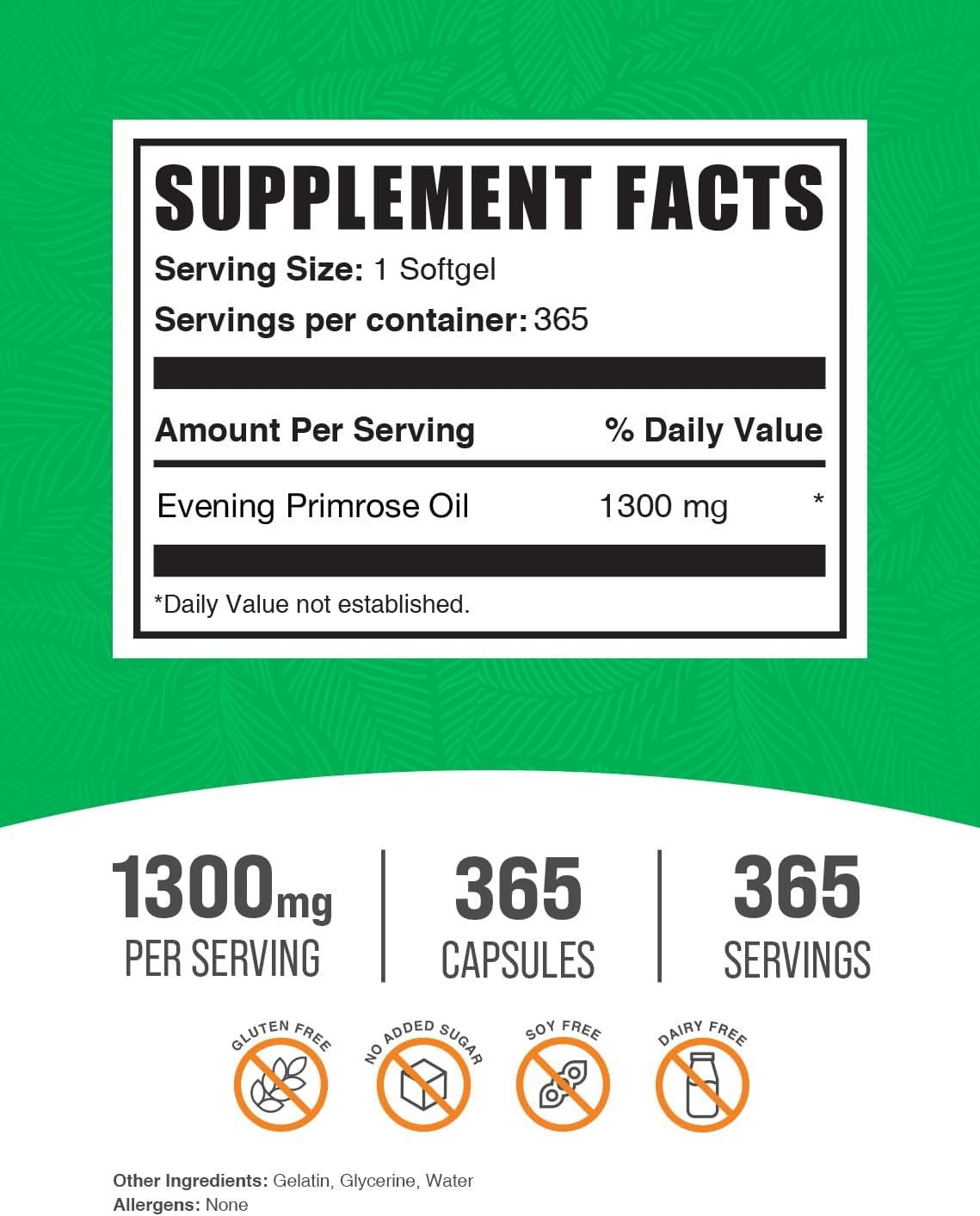 BulkSupplements.com Evening Primrose Oil Softgels - 365 Count of 1300mg GLA Supplements, Gluten Free, 1 Softgel per Serving