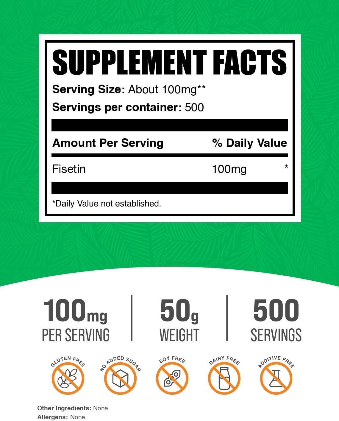 BulkSupplements.com Fisetin Powder - 50g Pure Fisetin Supplement, Antioxidants Source, Gluten Free - 100mg per Serving - 1.8 oz Pack - BoostGo Australia