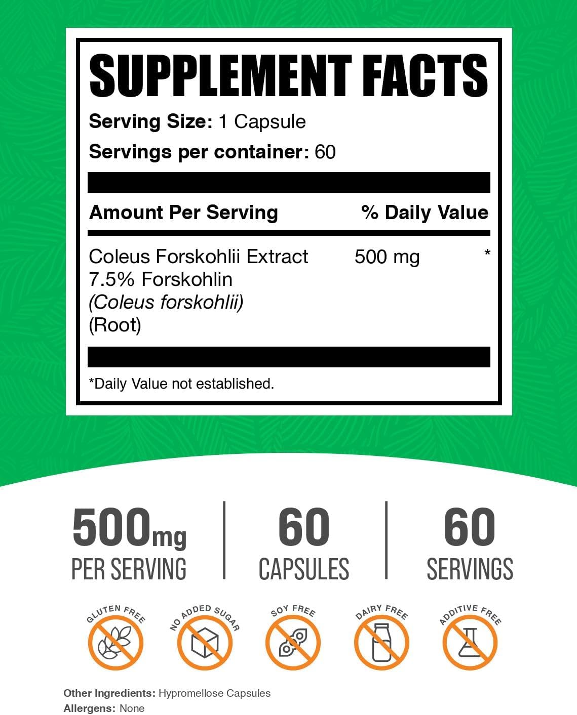 BulkSupplements.com Forskolin Extract Capsules - Herbal Supplement, Gluten Free, 60 Capsules, 1 Capsule/Serving