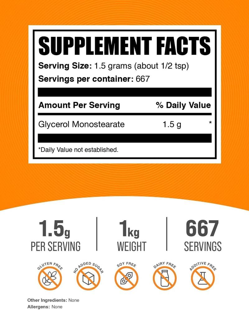 BulkSupplements.com Glycerol Monostearate Powder - Pure Glycerol Supplement for Energy - Food Grade, Gluten Free - 1kg (2.2 lbs)