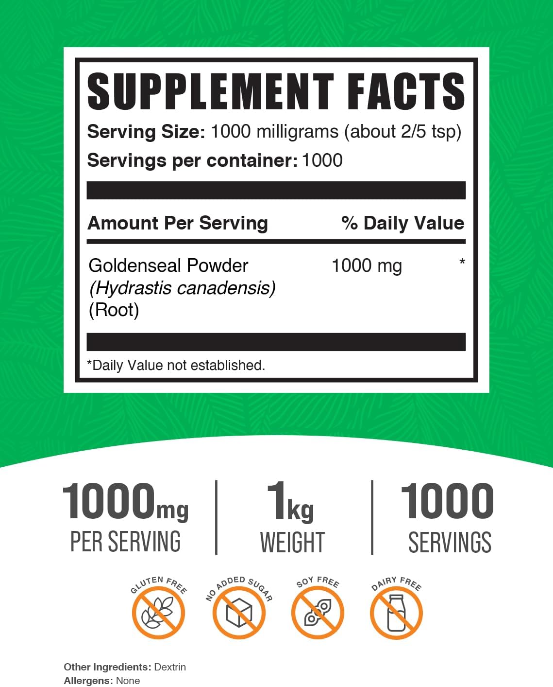 BulkSupplements.com Goldenseal Root Powder - 1000mg per Serving, 1kg (2.2 lbs) - Herbal Supplement from Golden Seal Root - Gluten Free - Pack of 1