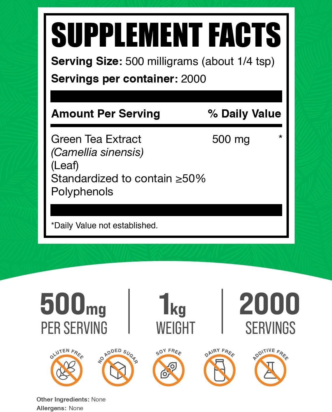 BulkSupplements.com Green Tea Extract Powder - 50% Polyphenol, Green Tea Powder Supplement - Gluten Free Herbal Blend, 1kg (2.2 lbs) Pack