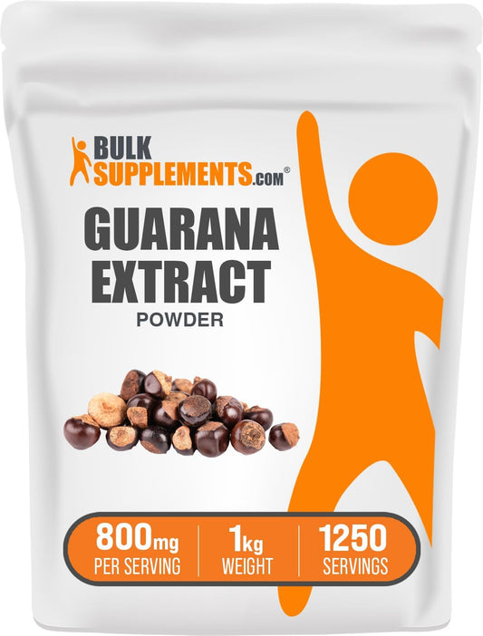 BulkSupplements.com Guarana Extract Powder - Pure Natural Caffeine Supplement from Guarana Seed - 800mg per Serving, 1kg (2.2 lbs) Pack