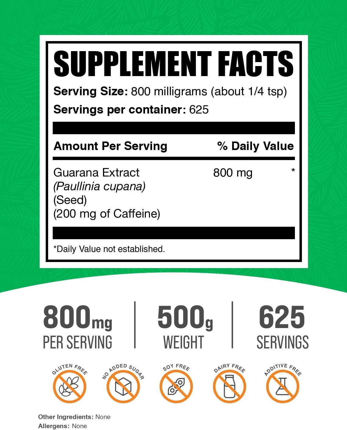 BulkSupplements.com Guarana Extract Powder - Pure Natural Caffeine Supplement, 800mg per Serving, Gluten Free - 500g (1.1 lbs) (1 Pack)
