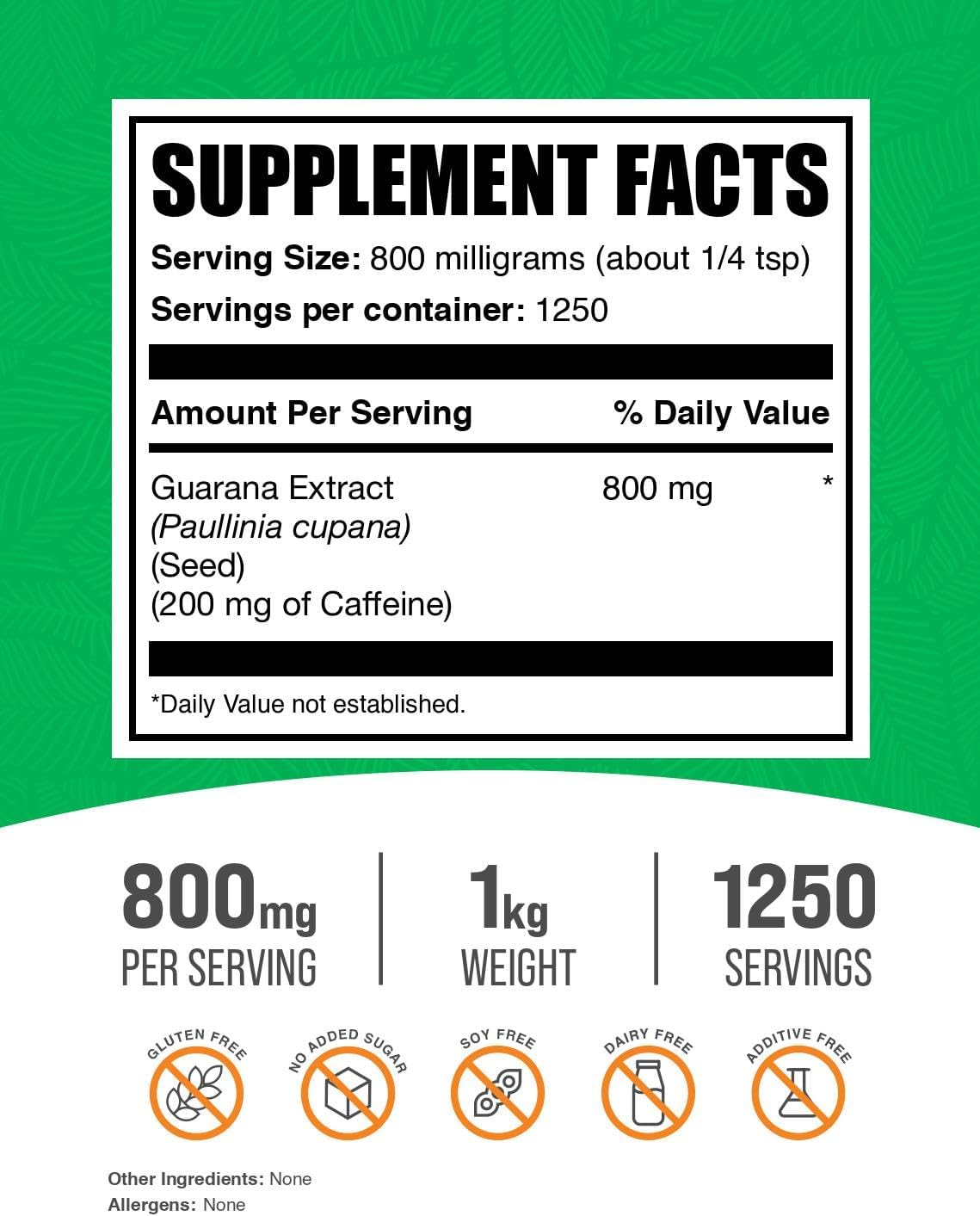 BulkSupplements.com Guarana Extract Powder - Pure Natural Caffeine Supplement from Guarana Seed - 800mg per Serving, 1kg (2.2 lbs) Pack