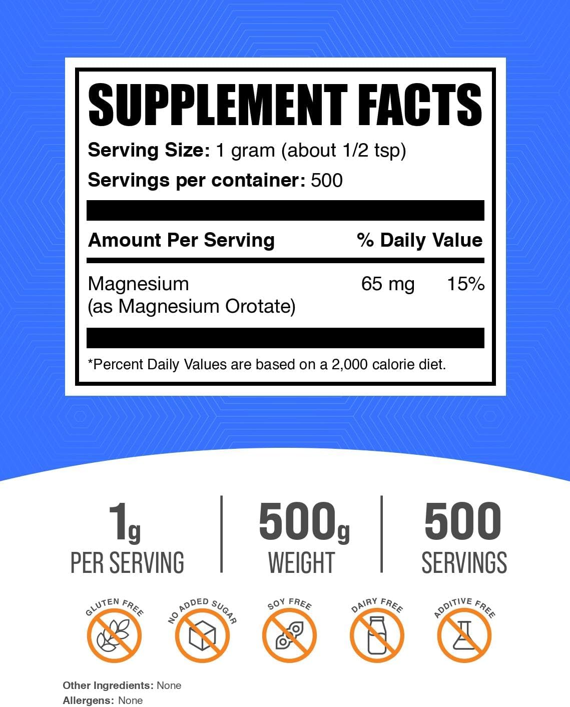 BulkSupplements.com High Absorption Magnesium Orotate Powder - Gluten Free Magnesium Orotate Supplements - 1000mg (65mg Magnesium) per Serving, 500g Pack