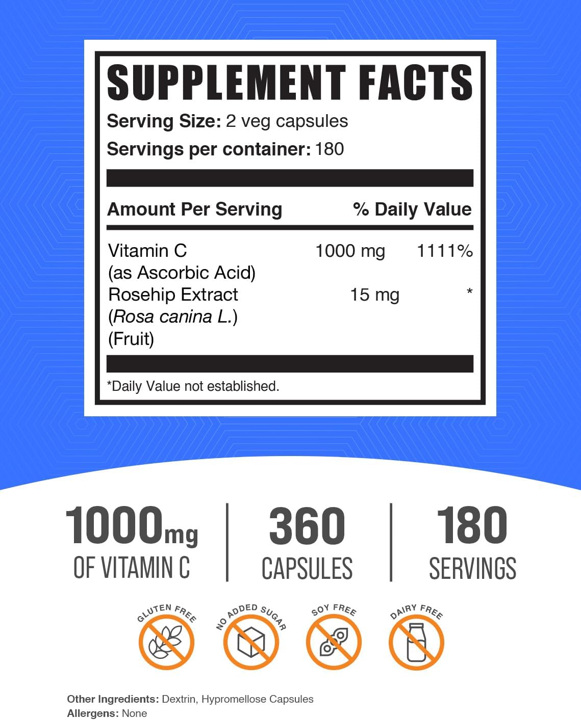 BulkSupplements.com Immune Support Vitamin C with Rose HIPS Capsules - 1000mg Vitamin C & 15mg Rosehips, Vegan, 360 Veg Capsules