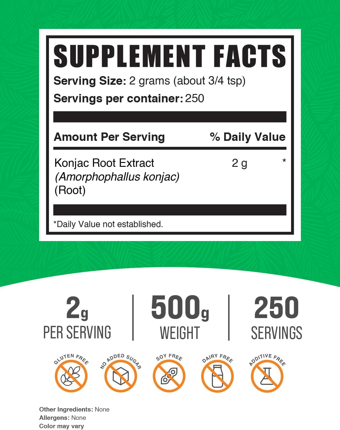 BulkSupplements.com Konjac Root Glucomannan Powder - Fiber Supplement, Gluten Free, 2g per Serving, 500g (1.1 lbs) Pack of 1